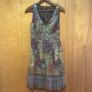 JS Boutique Womens Jeweled Babydoll Multicolor Silk Dress‎ Size 6 Artsy Fairy